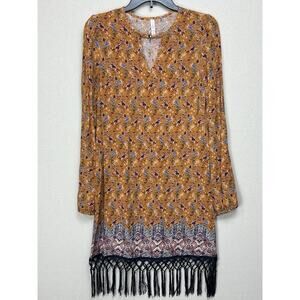 Xhilaration Rust Floral Fringe Hem Small Casual Shift Dress Knee length Boho
